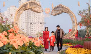 Du khách diện áo dài check in đường hoa Home Hanoi Xuan 2025