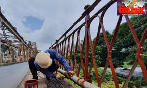 Sơn đường ống kỹ thuật trên thành cầu Long Biên.