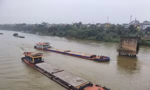 Phương tiện vận tải thủy hoạt động trên sông Hồng.