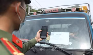 Lực lượng chức năng tại chốt kiểm soát quét mã QR Code kiểm tra thông tin phương tiện theo đăng ký. Ảnh: Minh Quyết/TTXVN.
