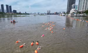 Người dân 'đội nắng' cổ vũ các vận động viên bơi vượt sông Sài Gòn