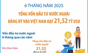 6 tháng năm 2025: Tổng vốn đầu tư nước ngoài đăng ký vào Việt Nam đạt 21,52 tỷ USD
