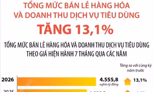 7 tháng năm 2026: Tổng mức bán lẻ hàng hóa và doanh thu dịch vụ tiêu dùng tăng 13,1%