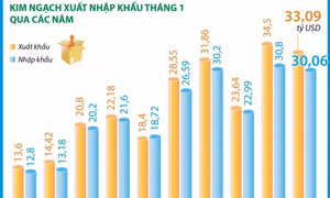 Tháng 1, tổng kim ngạch xuất, nhập khẩu đạt 63,15 tỷ USD