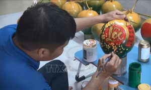 Độc đáo vẽ thư pháp lên hoa quả ngày Tết