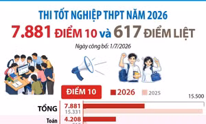 Kỳ thi tốt nghiệp THPT năm 2026: 7.881 điểm 10 và 617 điểm liệt