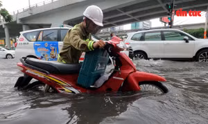 TP Hồ Chí Minh mưa lớn, người dân 'bì bõm' nước về nhà