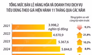 11 tháng năm 2025: Tổng mức bán lẻ hàng hóa và doanh thu dịch vụ tiêu dùng tăng 9,1%