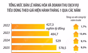 Tháng 1/2026: Tổng mức bán lẻ hàng hóa và doanh thu dịch vụ tiêu dùng tăng 9,3%