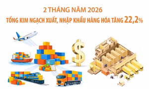 2 tháng năm 2026: Tổng kim ngạch xuất, nhập khẩu hàng hóa tăng 22,2%
