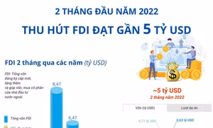 2 tháng đầu năm 2022, thu hút FDI đạt gần 5 tỷ USD