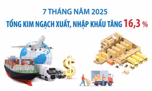 7 tháng năm 2025: Tổng kim ngạch xuất, nhập khẩu hàng hóa tăng 16,3%