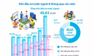 8 tháng, tổng vốn đầu tư nước ngoài đăng ký vào Việt Nam tăng 55,4%