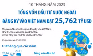 10 tháng, tổng vốn đầu tư nước ngoài đăng ký vào Việt Nam đạt 25,762 tỷ USD