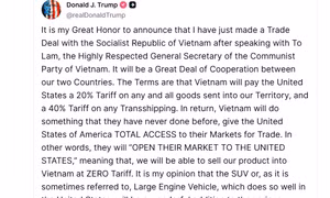 Tổng thống Trump: Mức thuế cho hàng hóa Việt Nam là 20%