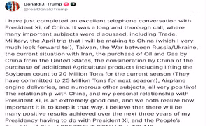 Tổng thống Mỹ Donald Trump tiết lộ nội dung điện đàm với Chủ tịch Trung Quốc Tập Cận Bình