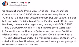 Tổng thống Trump lên tiếng về chiến thắng lịch sử, chiếm siêu đa số Hạ viện của đảng LDP ở Nhật Bản