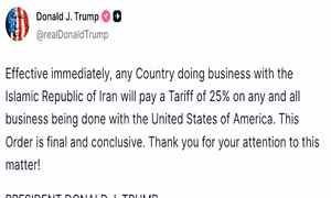 Tổng thống Trump cảnh báo nước nào làm ăn với Iran sẽ đối mặt mức thuế 25% từ Mỹ