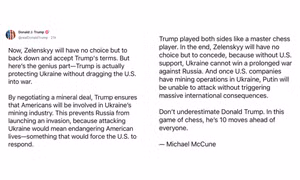Chia sẻ mới nhất của Tổng thống Trump về lựa chọn của Tổng thống Zelensky với thoả thuận khoáng sản