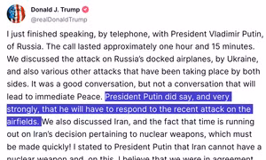 Tổng thống Trump tiết lộ khẳng định của Tổng thống Putin về vụ UAV Ukraine tấn công loạt căn cứ quân sự Nga