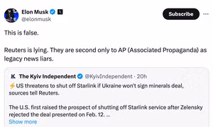 Tỷ phú Musk lên tiếng về đồn đoán Mỹ cắt Starlink nếu Kiev không ký thoả thuận khoáng sản