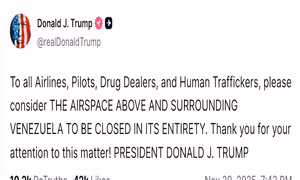 Tổng thống Trump tuyên bố đóng cửa không phận Venezuela sau cảnh báo nguy hiểm của FAA