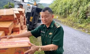 Xe tải chở hàng cứu trợ bị lật giữa dốc núi ở Nghệ An