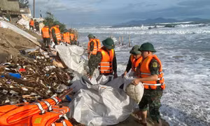 Hơn 100 cán bộ, chiến sĩ quân đội tham gia khắc phục sạt lở bờ kè đê biển ở Đà Nẵng