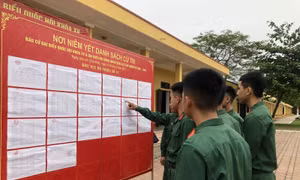 Các chiến sĩ Trung đoàn 66, Sư đoạn 304 theo dõi danh sách cử tri tại đơn vị.