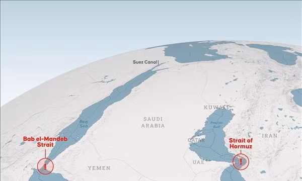 Đồ họa về eo biển Bab el-Mandeb và eo biển Hormuz. Ảnh: AA/TTXVN phát