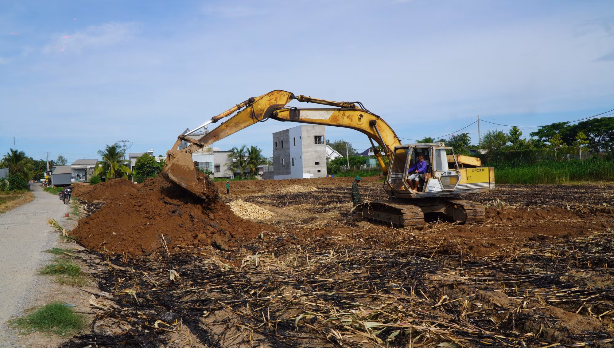 Máy móc đắp bờ bao để bơm cát san lấp mặt bằng, thi công Dự án trường Phổ thông nội trú Tiểu học - THCS Thường Phước.