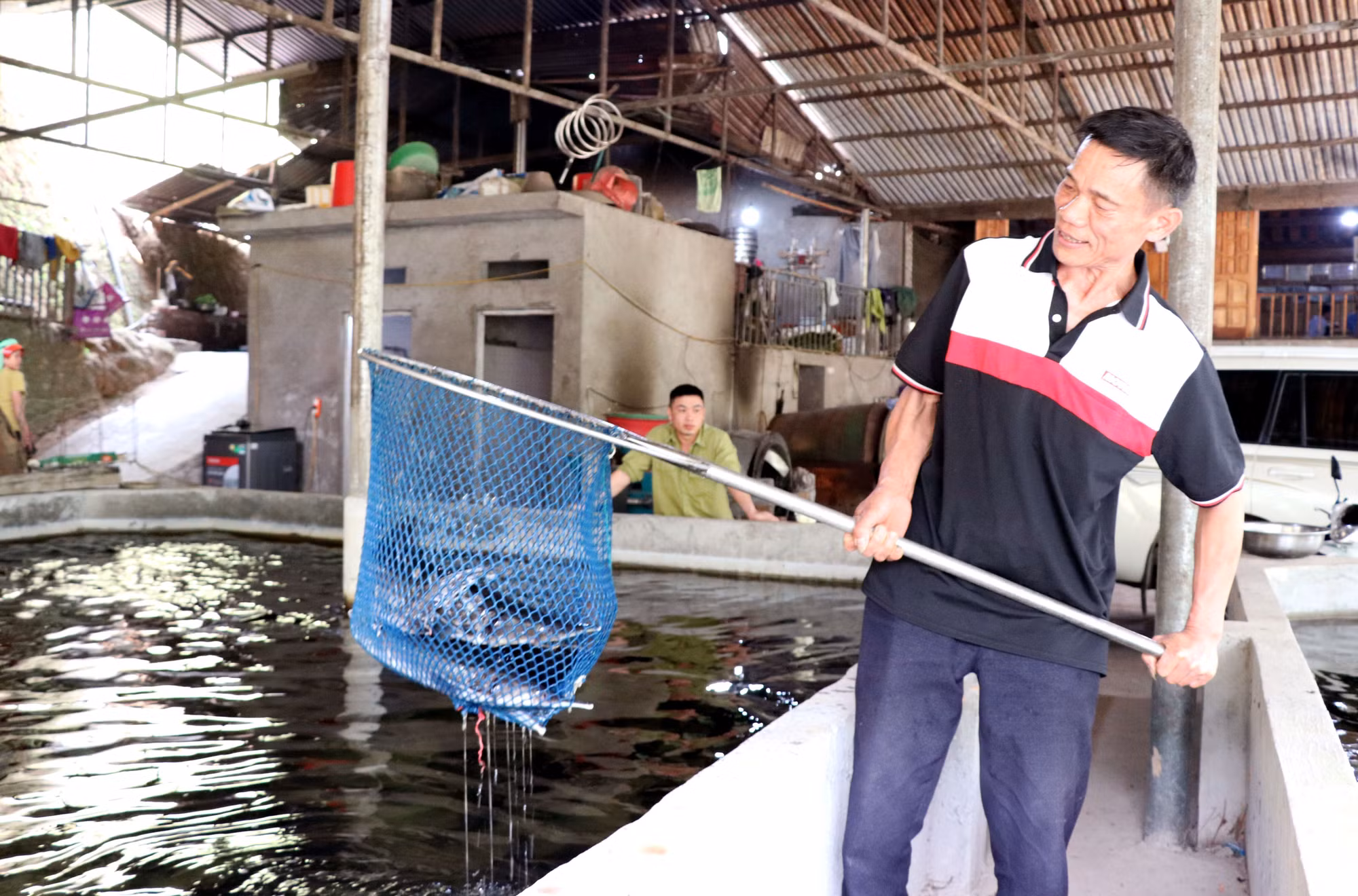 Ông Bàn Văn Đằng, người dân tộc Dao (thôn Mào Phìn, xã Thanh Thủy, Tuyên Quang) với mô hình nuôi cá tầm của mình.