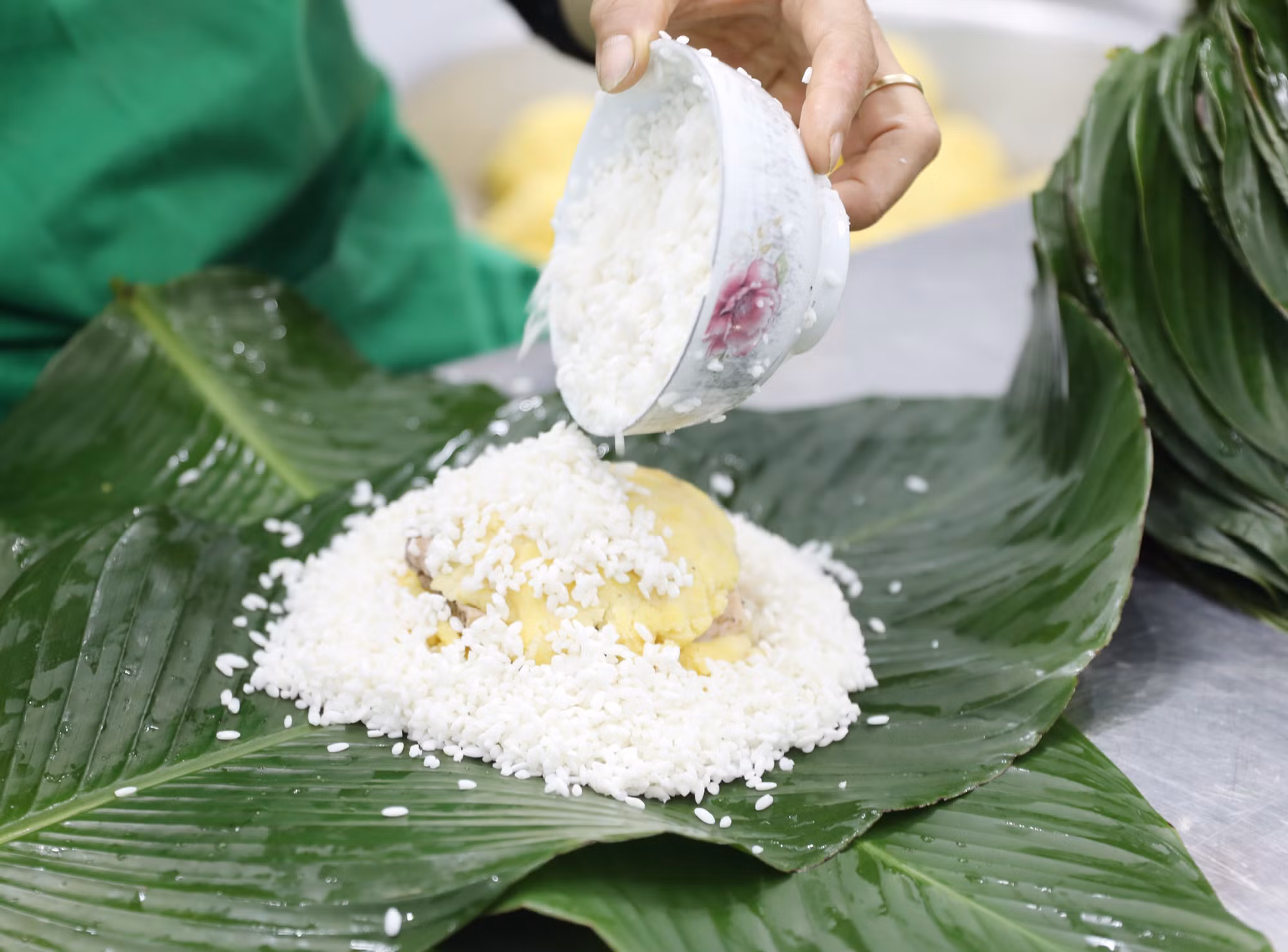 Từng lớp gạo nếp dẻo thơm được vun đều trên nền lá dong xanh, gói trọn hương vị Tết đất Tổ trong chiếc bánh chưng vuông vắn.