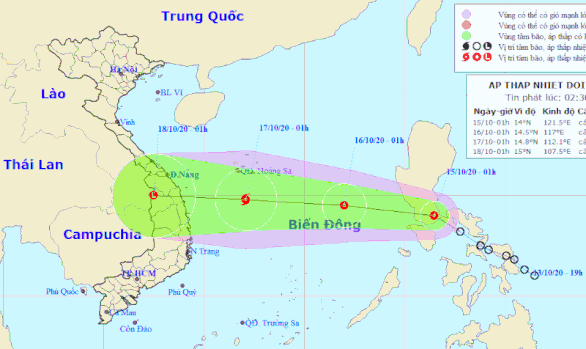 Thời tiết ngày 15/10/2020: Áp thấp nhiệt đới đi vào Biển Đông, gió giật cấp 9 và có khả năng mạnh thêm