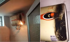 Hãi hùng bình nóng lạnh bất ngờ bốc cháy khi vừa dùng vừa cắm điện