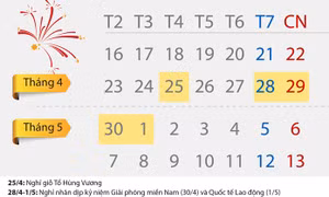 Lịch nghỉ lễ giỗ Tổ Hùng Vương và nghỉ 30/4, 1/5